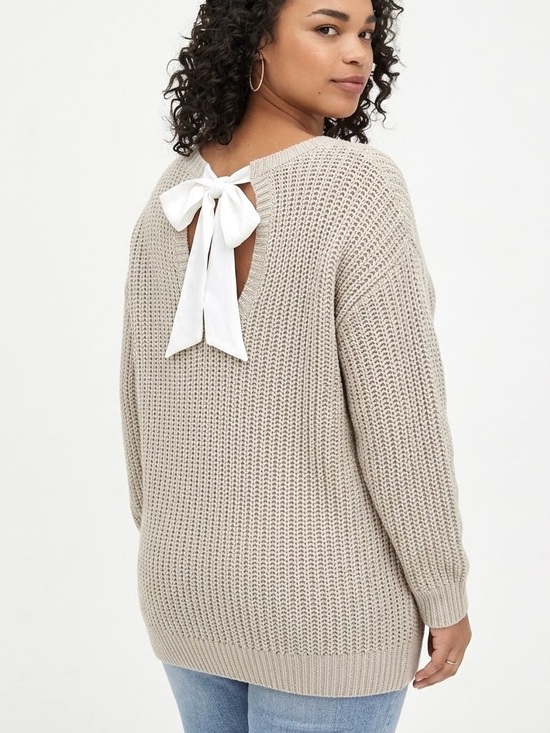 torrid Sweaters - Torrid Cable Knit Ribbon Tie Back Sweater Size 3X 22/24 Taupe Slouchy Scoop Neck
